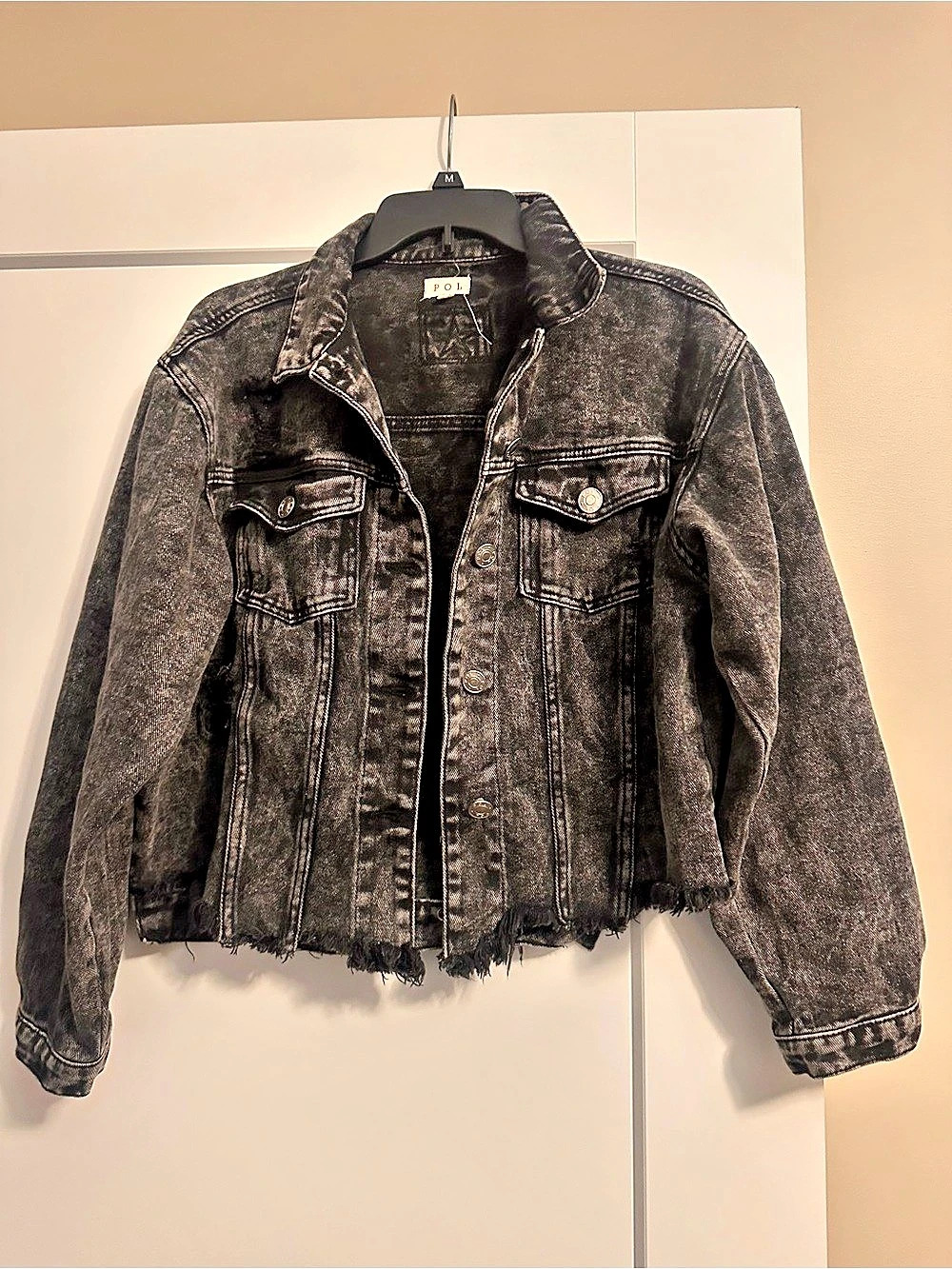 POL Distressed Denim Jean Jacket in Black